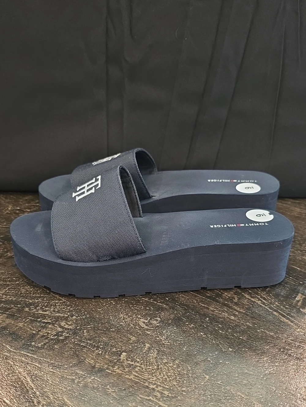 Tommy Hilfiger Navy Slide Sandals with White TH Monogram